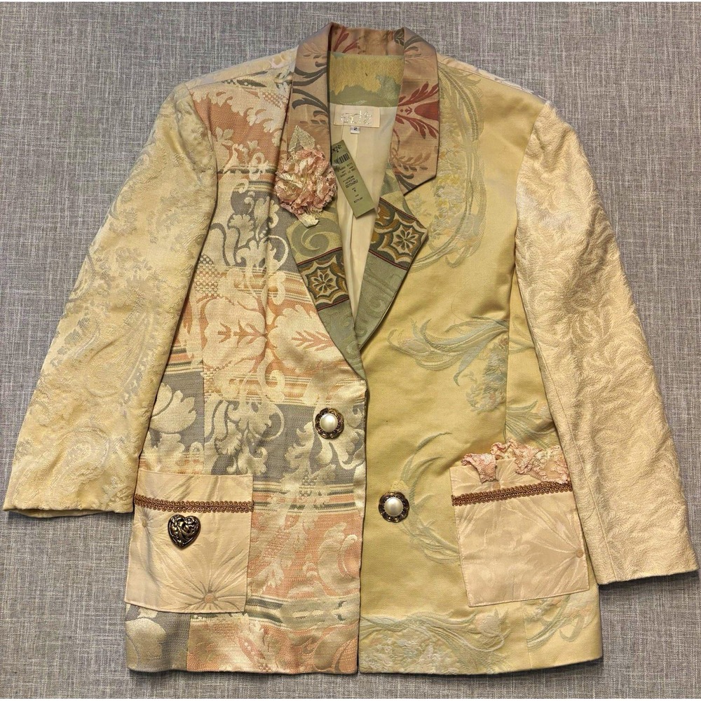 Vintage Cache Women's Floral Brocade Blazer Jacket Beige Multicolor Size 2 Lined